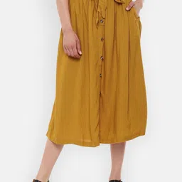 Van Heusen Woman Mustard Yellow Solid Knee Length A-Line Skirt-image-68