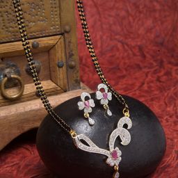 ZENEME Gold-Plated White & Red AD-Studded & Black Beaded Mangalsutra With Earrings-9