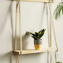 Homesake Beige Solid Macrame Wall Hanging  Floating Boho Shelves Planter-picture-1