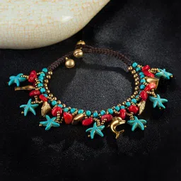 Yellow Chimes Gold-Toned Blue & Red Beaded Starfish Anklet image 1