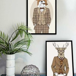 Art Street Set Of 2 Black & White Doge & Deer Funny Animal Printed Framed Wall Art-16