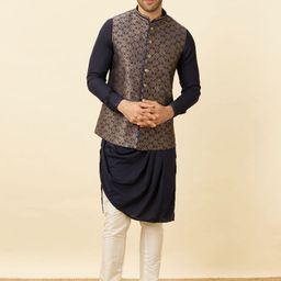 Manyavar Midnight Sapphire Blue Thor's Printed Nehru Jacket-image-40