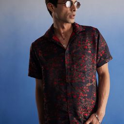 VASTRAMAY Premium Floral Printed Cutaway Collar Silk Casual Shirt-image-50
