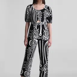 ONLY Abstract Printed Sweetheart Neck Puff Sleeves Basic Jumpsuit With Cut Outs-picture-2