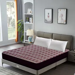 DREAM CARE Maroon & White Geometric Printed Stretchable Queen Bed Mattress Protector-30