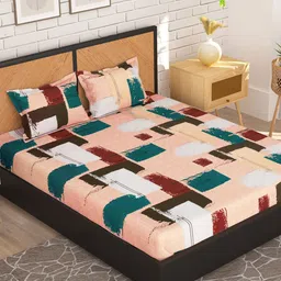 Story@home Peach & Maroon Geometric 180 TC Queen Bedsheet with 2 Pillow Covers-image-73