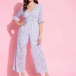KASSUALLY Holiyday Hype Blue & Pink Floral Holiday Hype Printed Waist Smocked Jumpsuit-image-39