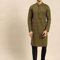 Amodh by Kisah Men Olive Green Ethnic Motifs Printed Kurta with Churidar-image-86