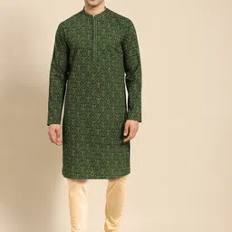 Amodh by Kisah Men Green Ethnic Motifs Printed Kurta with Churidar-image-14
