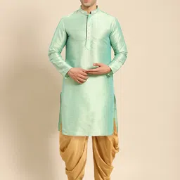 Amodh by Kisah Men Green Ethnic Motifs Yoke Design Thread Work Kurta with Dhoti Pants-picture-10
