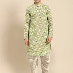 Amodh by Kisah Men Green Ethnic Motifs Printed Kurta with Dhoti Pants-picture-12