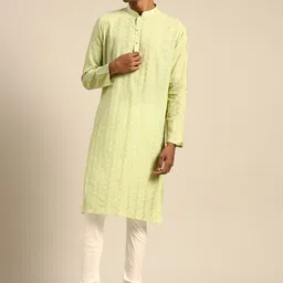 KISAH Mandarin Collar Embroidered Pure Cotton Kurta with Churidar Set-image-96