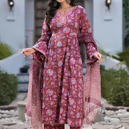 Divena Women Floral Printed Regular Pure Cotton Kurta with Trousers & With Dupatta-picture-26