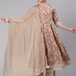KIMAYRA Floral Printed Pure Cotton Anarkali Kurta & Palazzos With Dupatta-picture-15