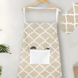 Texstylers Beige & White 2 Pieces Geometric Printed Cotton Apron With Oven Glove-7