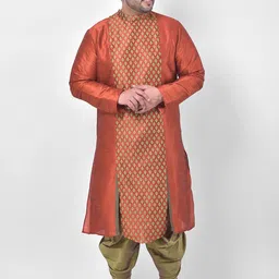 DEYANN PLUS Men Orange & Green Ethnic Motifs Dupion Silk Kurta with Patiala-picture-32