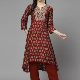 Nayam By Lakshita Ethnic Motifs Printed Sequinned Chanderi Cotton A-Line Kurta Set-picture-36