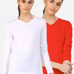 appulse Women Red & White Set Of 2 V-Neck Slim Fit Running T-shirt-3