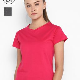 appulse Women Charcoal & Fuchsia Set Of 2 V-Neck Slim Fit Running T-shirt-image-17