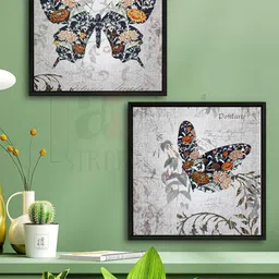 Art Street Set of 2 Grey & Black Butterfly Canvas Painting Wall Art-13