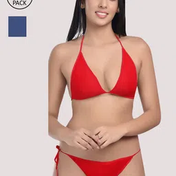 StyFun Women Pack Of 2 Red & Navy Blue Solid Satin Bikini Lingerie Set-picture-37