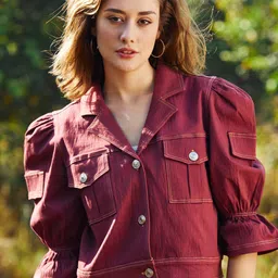 Athena Women Lapel Collar Cotton Denim Crop Jacket-26