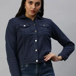 SHOWOFF Women Navy Blue Washed Denim Jacket-image-36