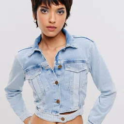 FREAKINS Washed Spread Collar Long Sleeves Cotton Crop Denim Jacket-picture-45