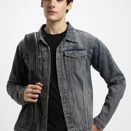 Dennis Lingo Washed Spread Collar Pure Cotton Denim Jacket-picture-58