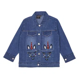 CREMLIN CLOTHING Girls Blue Embroidered Longline Denim Jacket-image-14