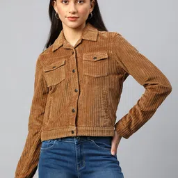 Xpose Women Striped Corduroy Crop Denim Jacket-image-0