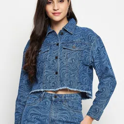 Madame Abstract Printed Crop Cotton Denim Jacket-0