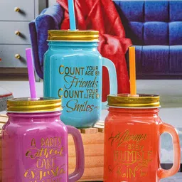 GOODHOMES Red & Blue Set of 3 Floral Printed Glass Matte Mugs 450 ml Each-32