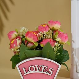 Kuber Industries Pink & Green Rose Artificial Plant With Pot-39