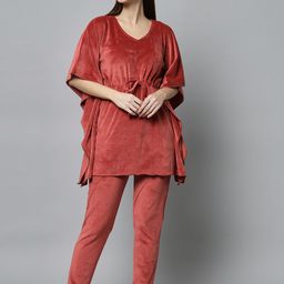 BROOWL Women Brown Solid Velvet Co-Ords Set-image-44