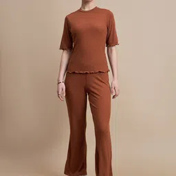 The Roadster Lifestyle Co.  Brown Ribbed Round Neck Pure Cotton Casual Top With Trousers-picture-33