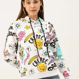 The Dry State Women White & Black Quirky Printed Pure Cotton Hooded Sweatshirt-image-3