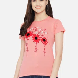 Fabflee Women Peach Floral Printed Round Neck Cotton T-shirt-picture-52