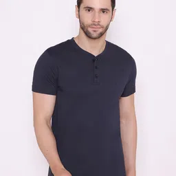 BODYACTIVE Men Navy Blue Henley Neck Cotton T-shirt-image-84