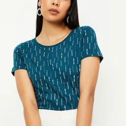 max Women Teal Blue & White Printed Pure Cotton T-shirt-19