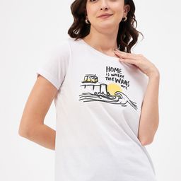 Mast & Harbour White & Black Graphic Printed Pure Cotton T-shirt-image-96