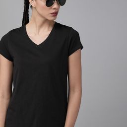 Roadster Women Black Solid V-Neck Pure Cotton T-shirt-image-37