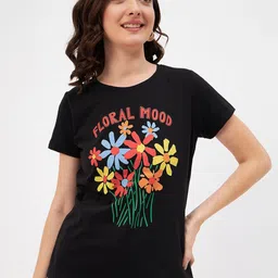 Mast & Harbour Black & Red Floral Printed Pure Cotton T-shirt-image-56