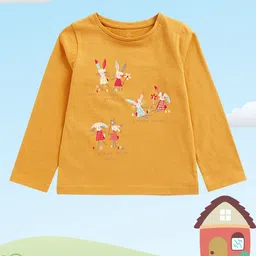 mothercare Girls Mustard Yellow Printed Pure Cotton T-shirt-43