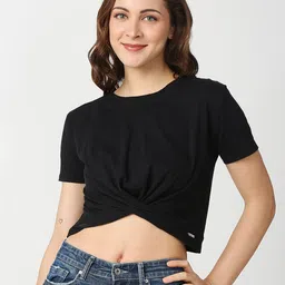 Pepe Jeans Women Black Solid Cotton Alfie Hem Twist Crop T-Shirt-image-60
