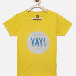 YK Girls Yellow Sequined Typography Cotton T-shirt-picture-29