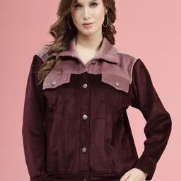plusS Maroon Self Design Spread Collar Bomber Jacket-picture-53