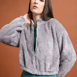 Tokyo Talkies Stand Collar Faux Fur Trim Open Front Crop Jacket-24