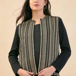 SALT ATTIRE Self Design Mandarin Collar Acrylic Open Front Jacket-16