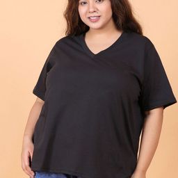 LastInch Women Plus Size Black V-Neck Cotton T-shirt-image-85